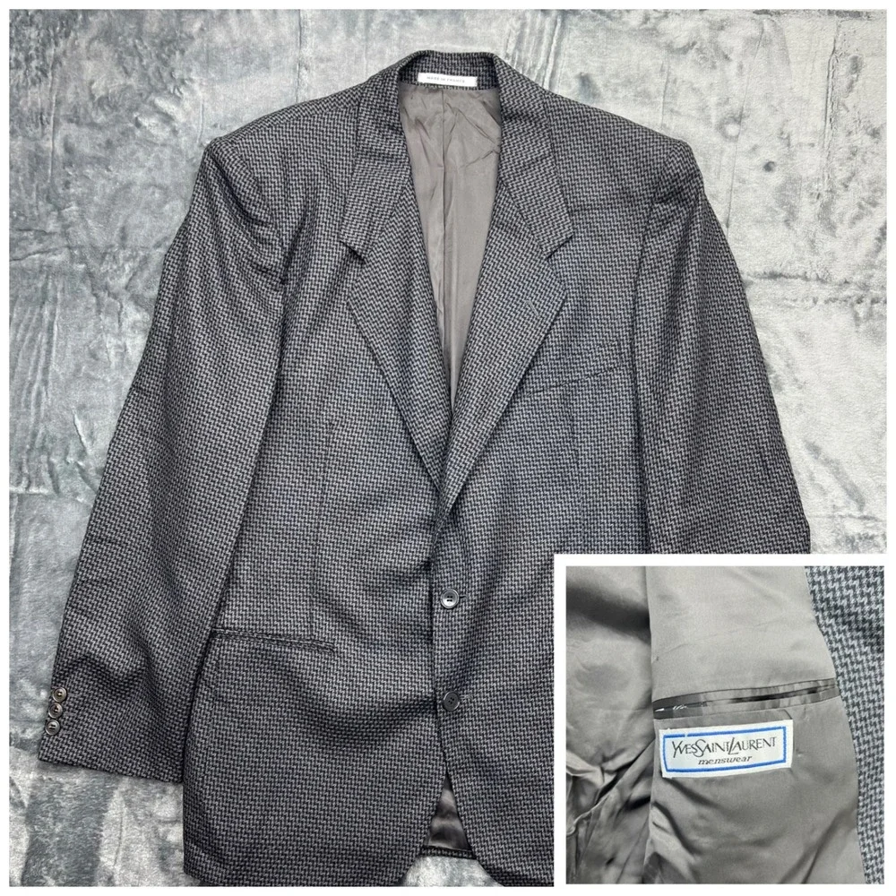 YSL Yves Saint Laurent‎ France VTG Men's 42R Black & Grey Wool Blazer Sport Coat